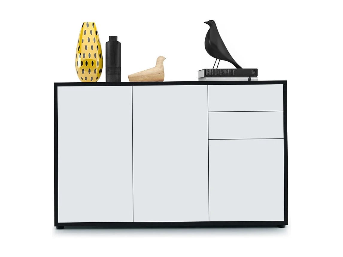 Buffet Ben V3, Commode avec 3 portes et 2 tiroirs, Noir mat/Blanc mat (117 x 74 x 36 cm)