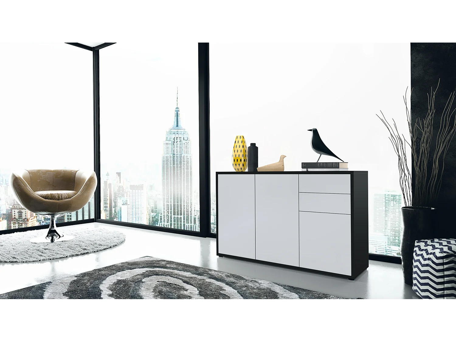 Buffet Ben V3, Commode avec 3 portes et 2 tiroirs, Noir mat/Blanc mat (117 x 74 x 36 cm)