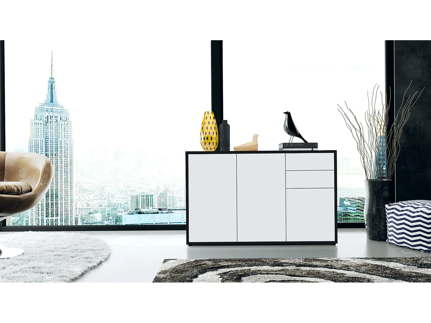 Buffet Ben V3, Commode avec 3 portes et 2 tiroirs, Noir mat/Blanc mat (117 x 74 x 36 cm)