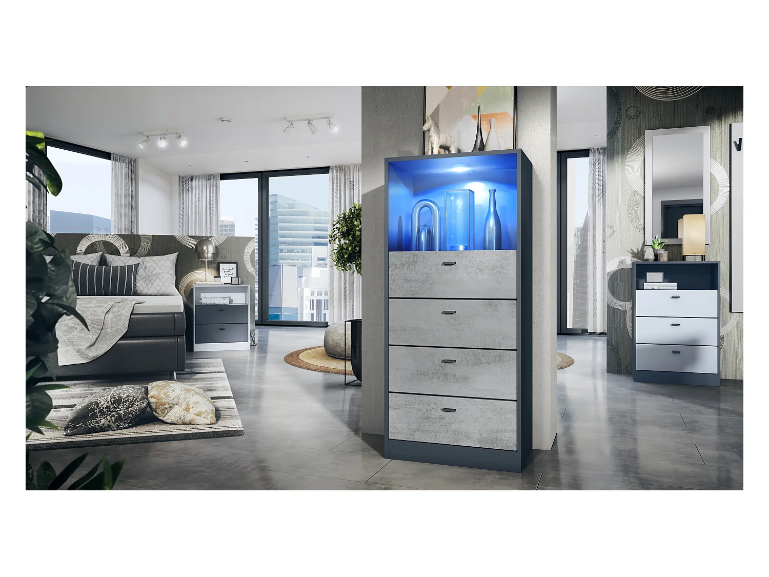 Commode Buffet Pino V3, avec 4 tiroirs & 1 compartiment ouvert, Anthracite mat/Aspect Béton Oxyde avec éclairage LED RVB (56 x 125 x 36 cm)