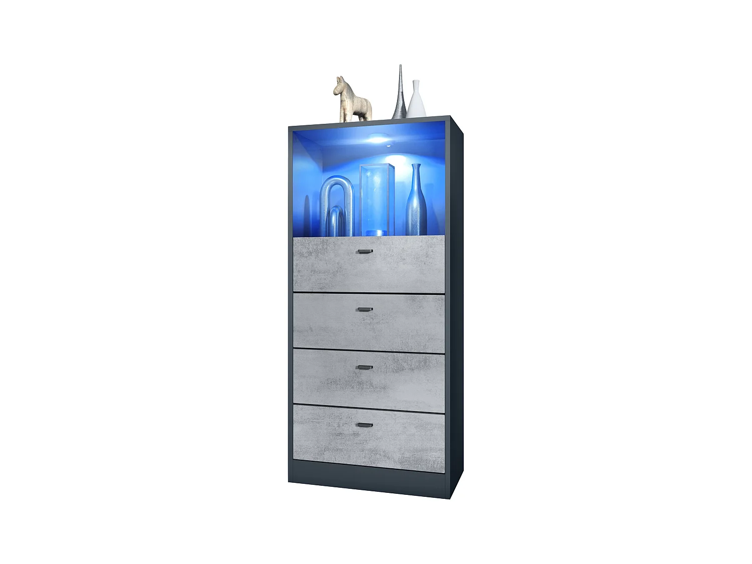 Commode Buffet Pino V3, avec 4 tiroirs & 1 compartiment ouvert, Anthracite mat/Aspect Béton Oxyde avec éclairage LED RVB (56 x 125 x 36 cm)