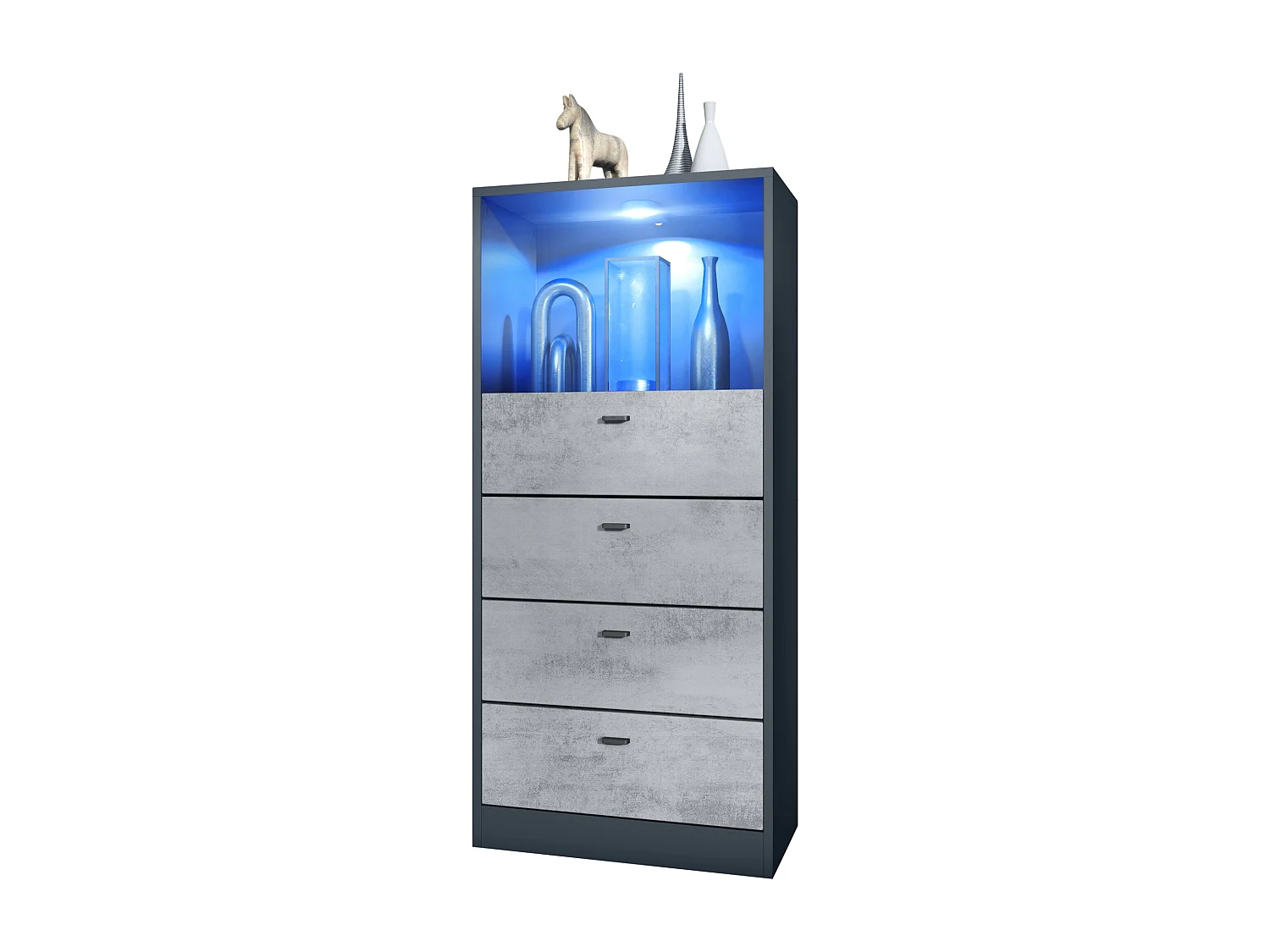Cassettiera Pino V3, Credenza con 4 cassetti e 1 vano a giorno, antracite/ossido di grigio cemento con LED RGB (56 x 125 x 36 cm)