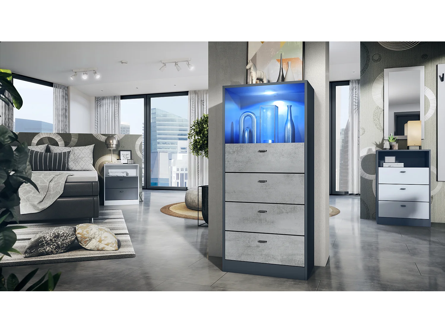 Cassettiera Pino V3, Credenza con 4 cassetti e 1 vano a giorno, antracite/ossido di grigio cemento con LED RGB (56 x 125 x 36 cm)