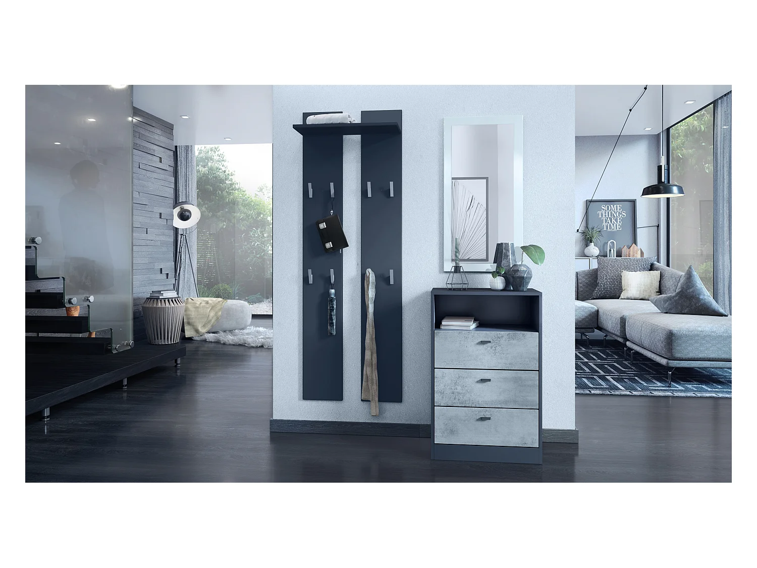 Commode Buffet Pino V2, avec 3 tiroirs & 1 compartiment ouvert, Anthracite mat /Aspect Béton Oxyde sans LED (56 x 86,5 x 36 cm)