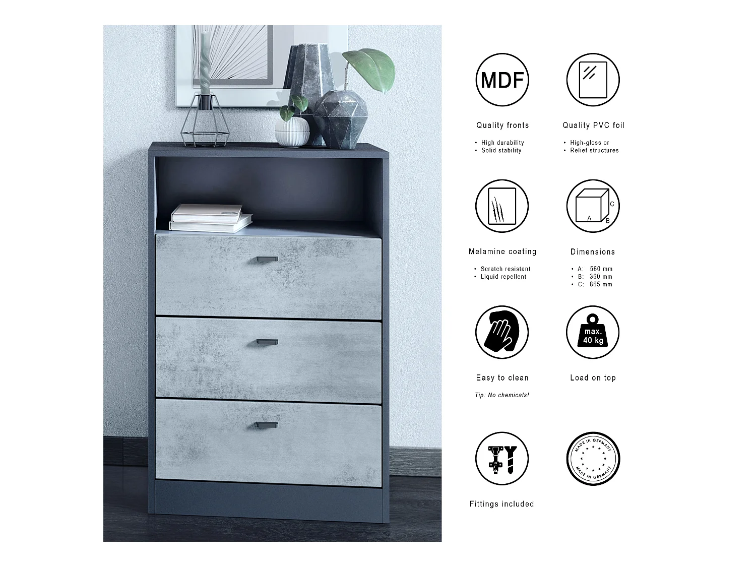Commode Buffet Pino V2, avec 3 tiroirs & 1 compartiment ouvert, Anthracite mat /Aspect Béton Oxyde sans LED (56 x 86,5 x 36 cm)