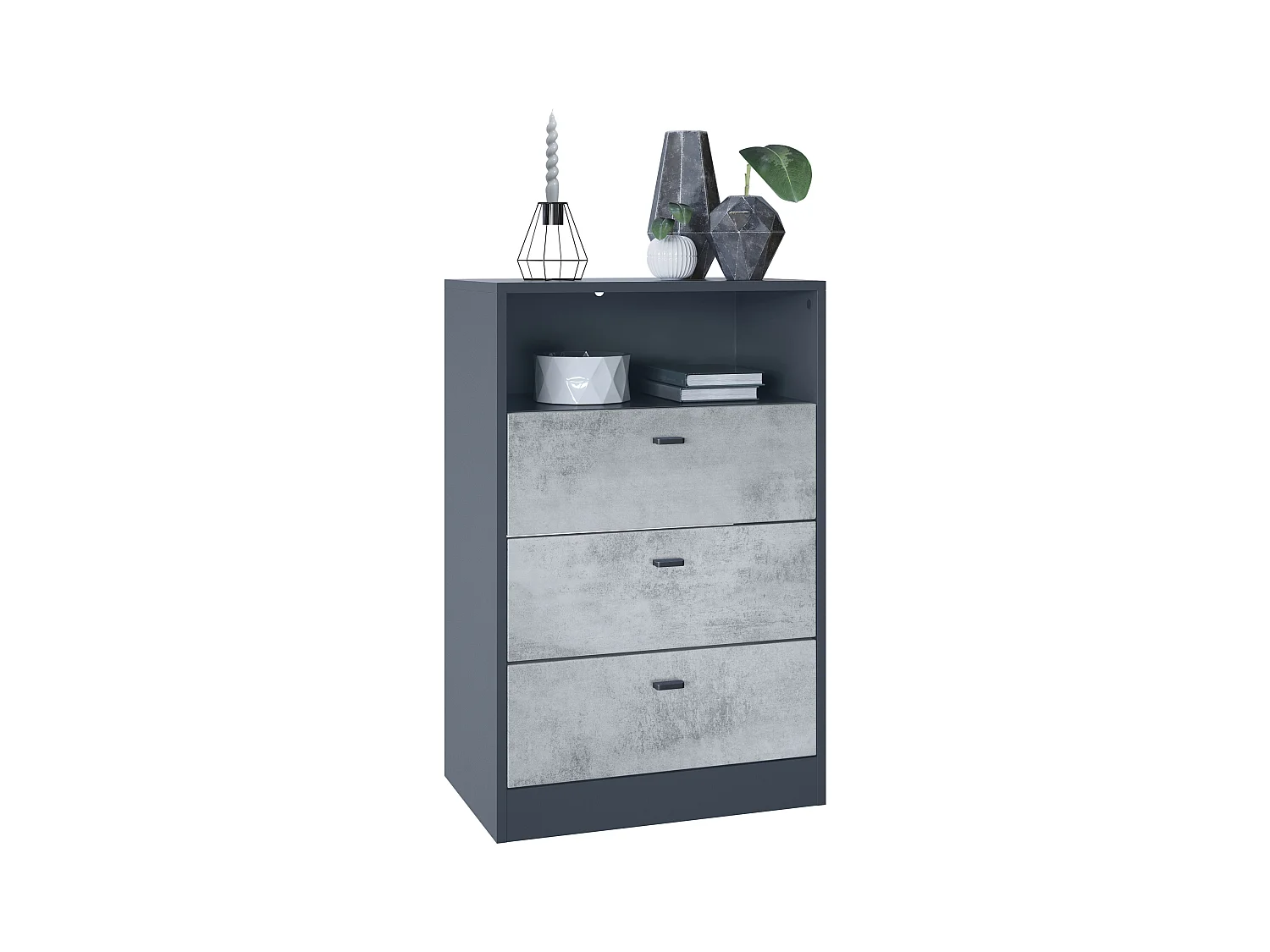 Commode Buffet Pino V2, avec 3 tiroirs & 1 compartiment ouvert, Anthracite mat /Aspect Béton Oxyde sans LED (56 x 86,5 x 36 cm)