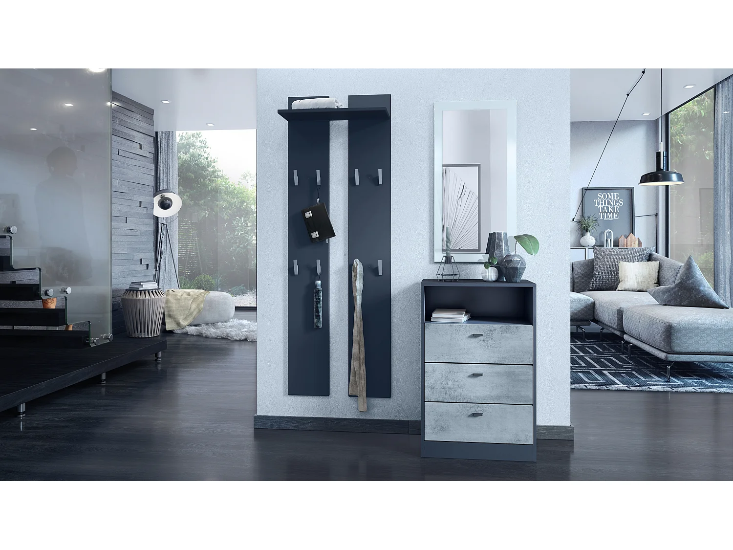 Cassettiera Pino V2, Credenza con 3 cassetti e 1 vano a giorno, antracite/ossido di cemento senza LED (56 x 86,5 x 36 cm)