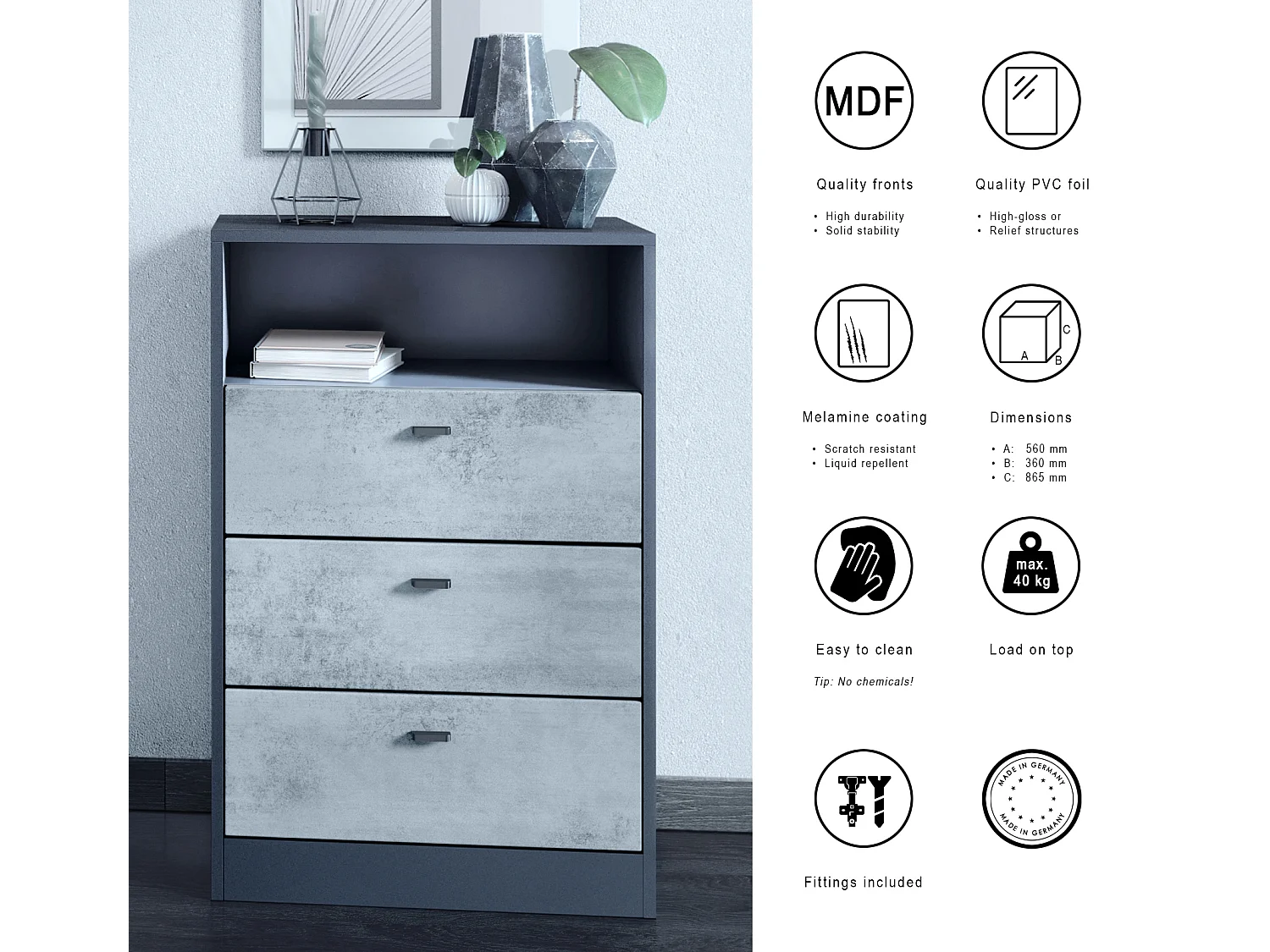 Cassettiera Pino V2, Credenza con 3 cassetti e 1 vano a giorno, antracite/ossido di cemento senza LED (56 x 86,5 x 36 cm)