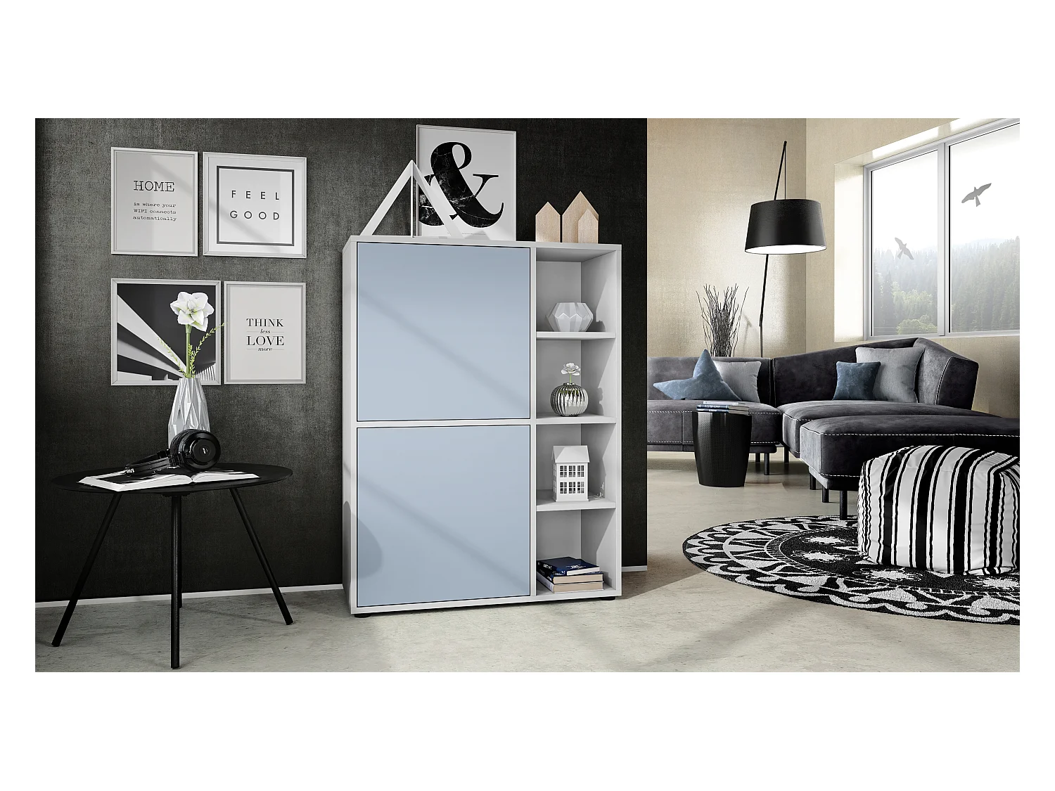 Buffet haut Cuba avec 8 compartiments, caisson en blanc mat / Façades en Denim mat