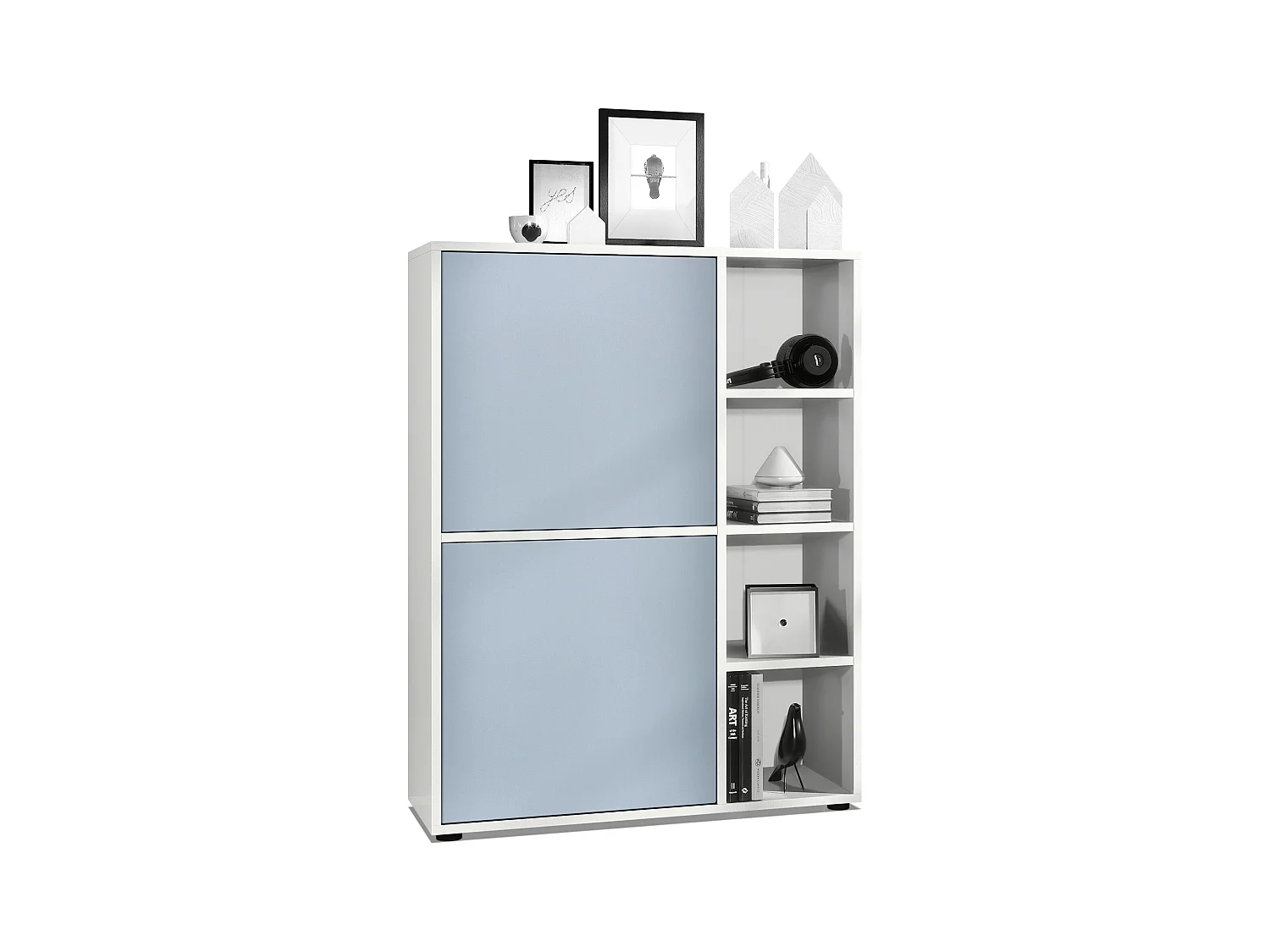 Buffet haut Cuba avec 8 compartiments, caisson en blanc mat / Façades en Denim mat