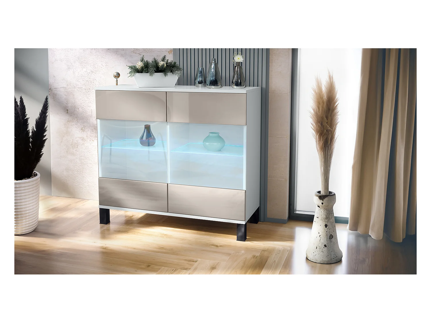 Commode Bari V3, Armoire de cuisine moderne avec 2 grandes portes vitrées incl. éclairage RGB blanc mat / gris sable haute brillance (92,5 x 84.5 x 35)