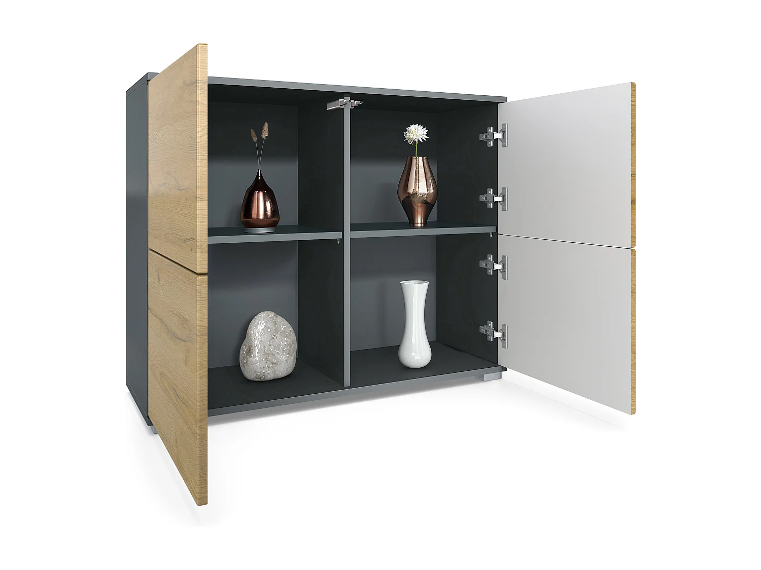 Buffet Rova V3 – Meuble de cuisine moderne avec 4 portes Push-to-Open anthracite mat / noir haute brillance (92,5 x 75.5 x 35)