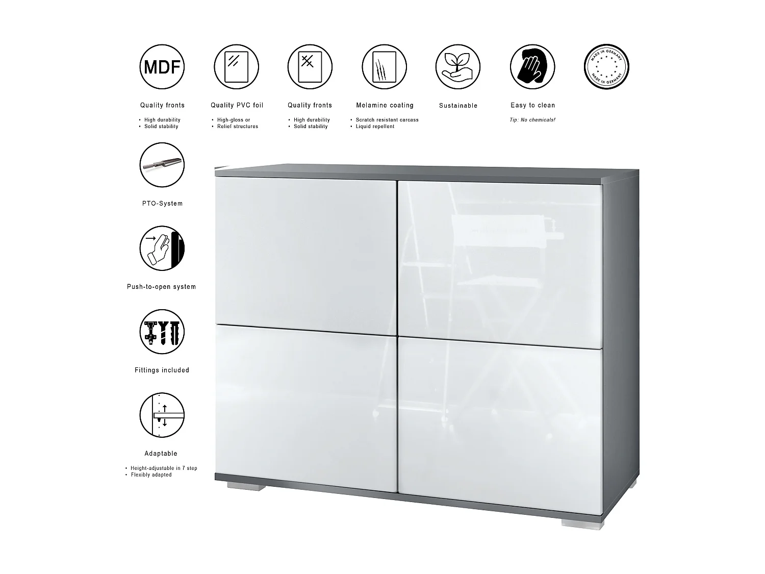 Credenza Rova V3 – Mobile da cucina moderno con 4 ante Push-to-Open antracite opaco  / nero lucido (92,5 x 75.5 x 35)