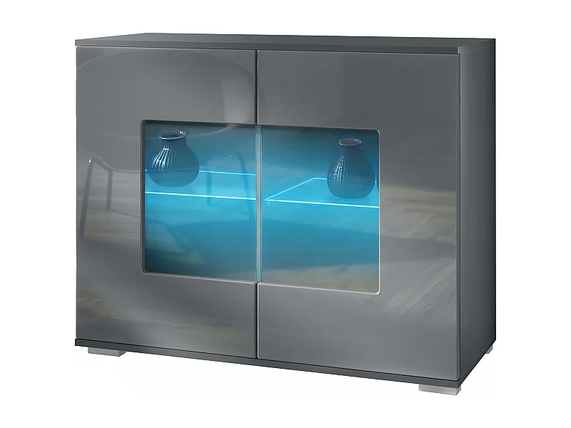 Commode Grömitz V3, Armoire de cuisine moderne avec 2 grandes portes vitrées incl. éclairage RGB anthracite mat / gris haute brillance (92,5 x 75.5 x 35)