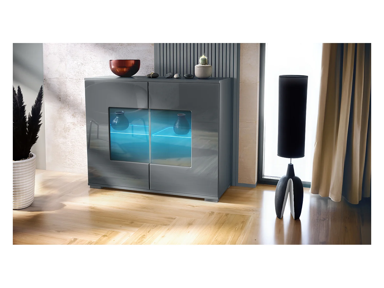 Commode Grömitz V3, Armoire de cuisine moderne avec 2 grandes portes vitrées incl. éclairage RGB anthracite mat / gris haute brillance (92,5 x 75.5 x 35)