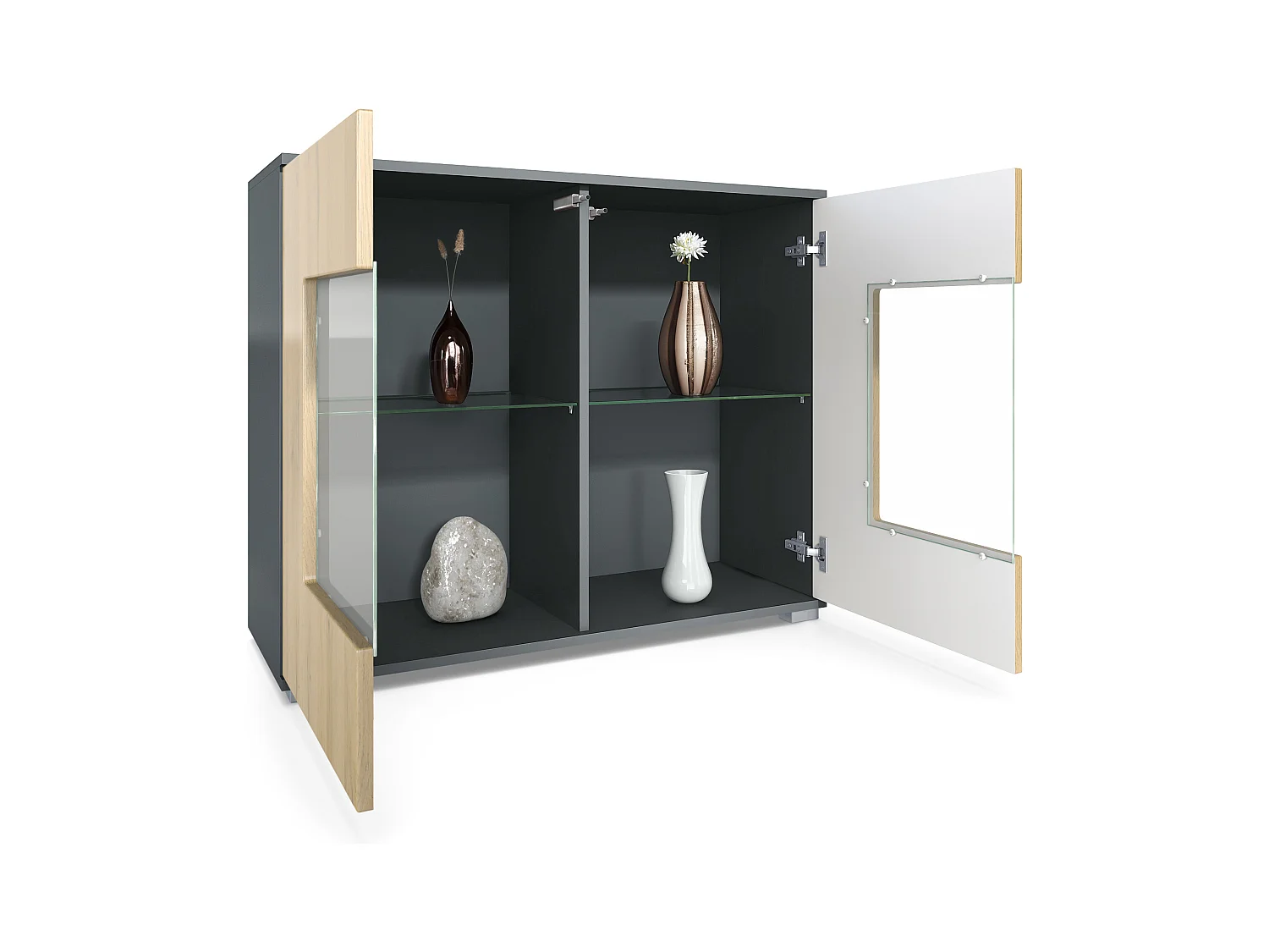 Commode Grömitz V3, Armoire de cuisine moderne avec 2 grandes portes vitrées incl. éclairage RGB anthracite mat / gris haute brillance (92,5 x 75.5 x 35)