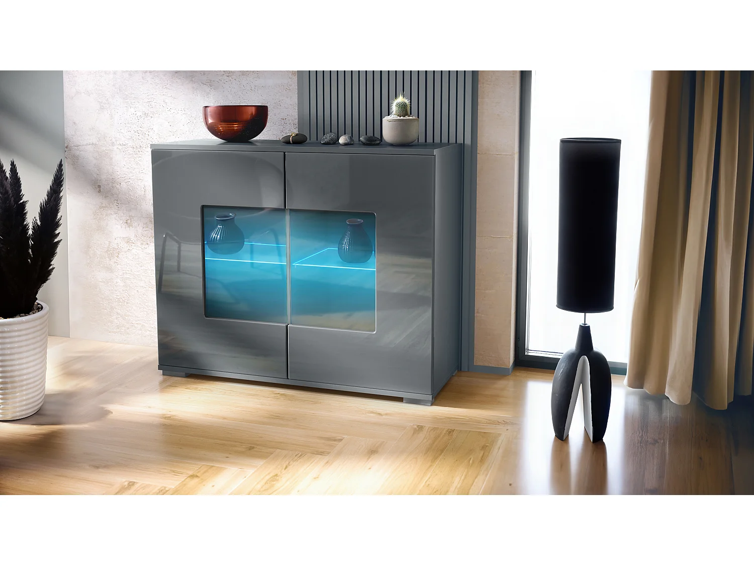 Cómoda Grömitz V3, Moderno armario de cocina con 2 grandes puertas de cristal incl. iluminación RGB antracita mate / gris de alto brillo (92,5 x 75.5 x 35)