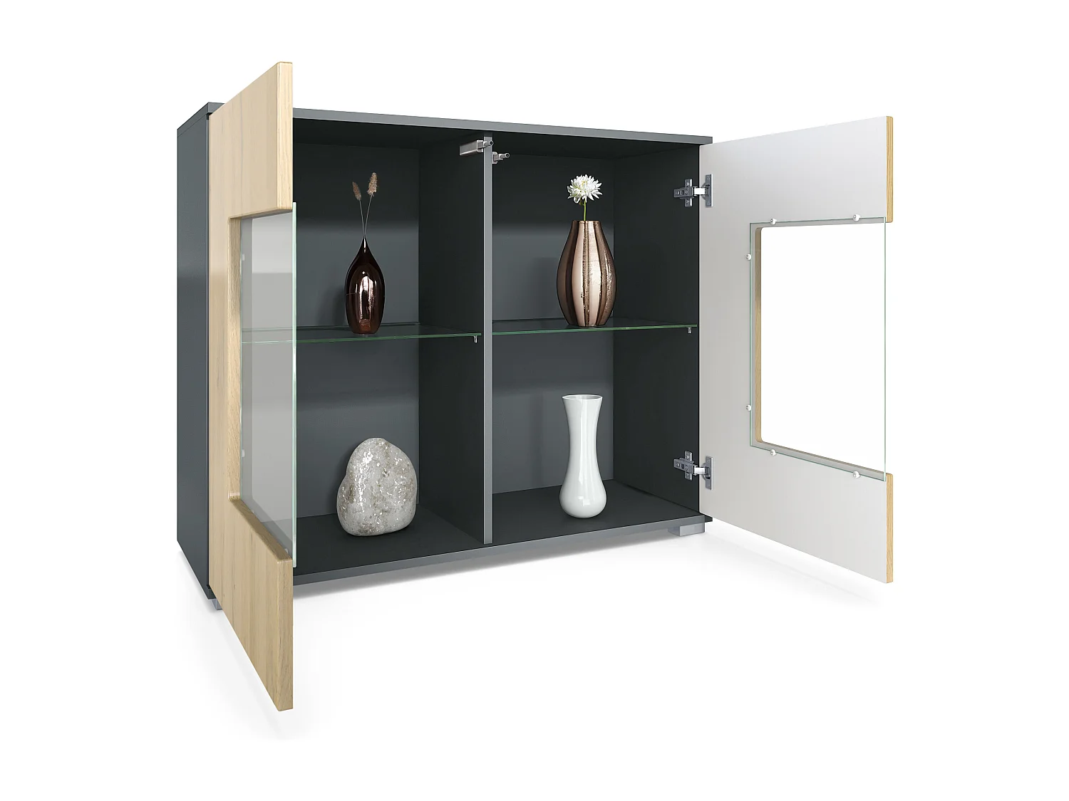 Cómoda Grömitz V3, Moderno armario de cocina con 2 grandes puertas de cristal incl. iluminación RGB antracita mate / gris de alto brillo (92,5 x 75.5 x 35)