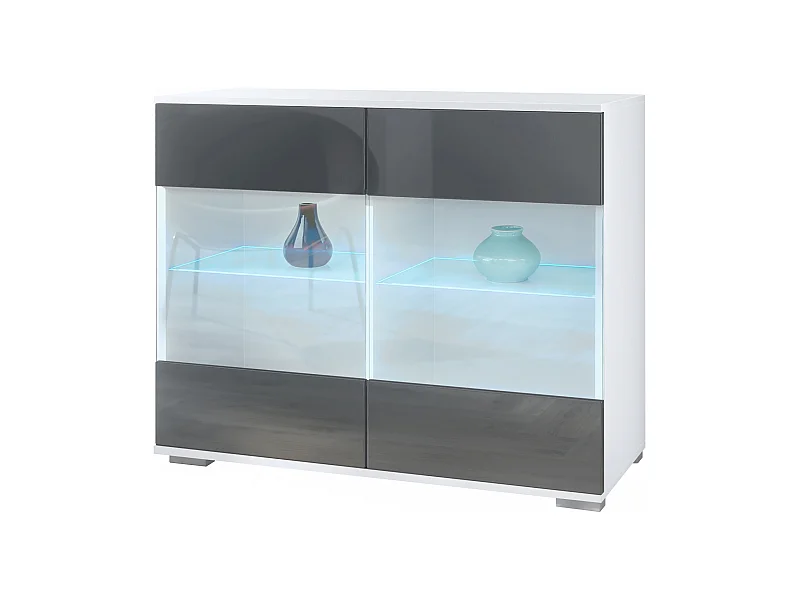 Cómoda Bari V3, Moderno armario de cocina con 2 grandes puertas de cristal incl. iluminación RGB blanco mate / gris de alto brillo (92,5 x 75.5 x 35)