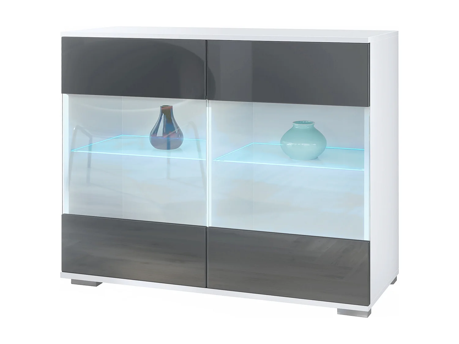 Commode Bari V3, Armoire de cuisine moderne avec 2 grandes portes vitrées incl. éclairage RGB blanc mat / gris haute brillance (92,5 x 75.5 x 35)
