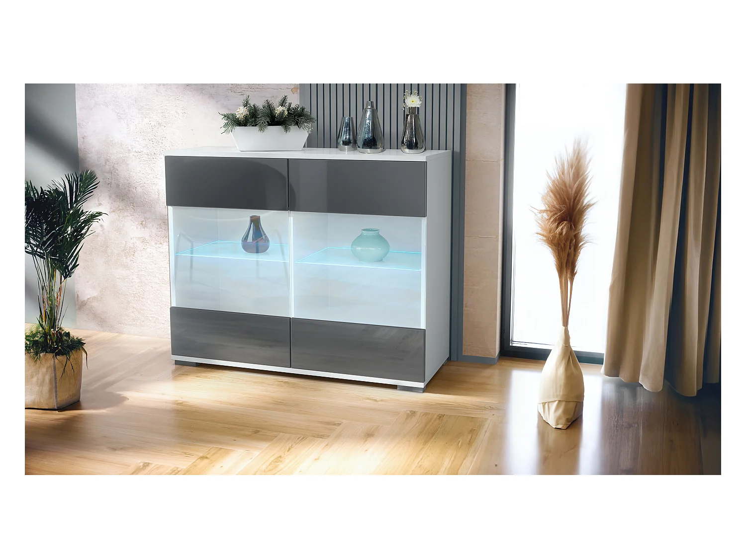 Commode Bari V3, Armoire de cuisine moderne avec 2 grandes portes vitrées incl. éclairage RGB blanc mat / gris haute brillance (92,5 x 75.5 x 35)