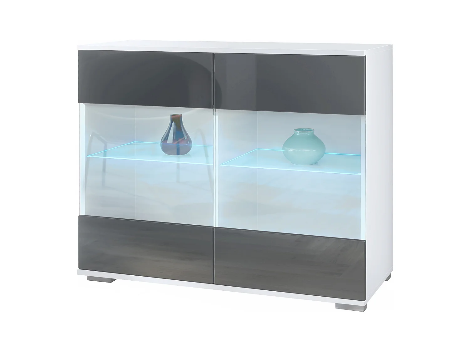 Cómoda Bari V3, Moderno armario de cocina con 2 grandes puertas de cristal incl. iluminación RGB blanco mate / gris de alto brillo (92,5 x 75.5 x 35)