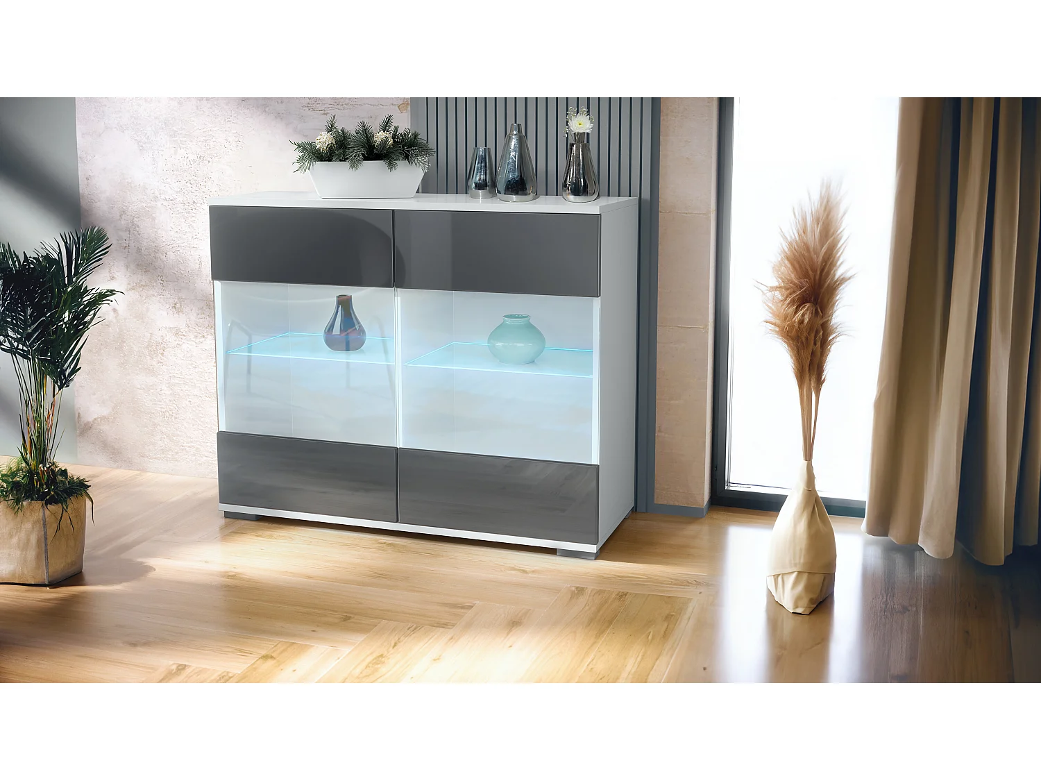 Cómoda Bari V3, Moderno armario de cocina con 2 grandes puertas de cristal incl. iluminación RGB blanco mate / gris de alto brillo (92,5 x 75.5 x 35)