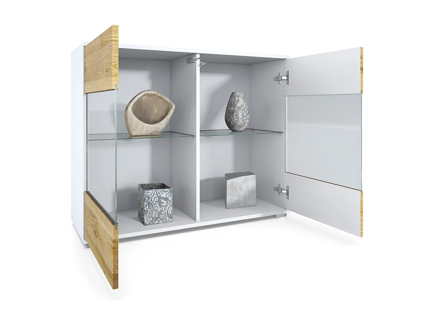 Cómoda Bari V3, Moderno armario de cocina con 2 grandes puertas de cristal incl. iluminación RGB blanco mate / gris de alto brillo (92,5 x 75.5 x 35)