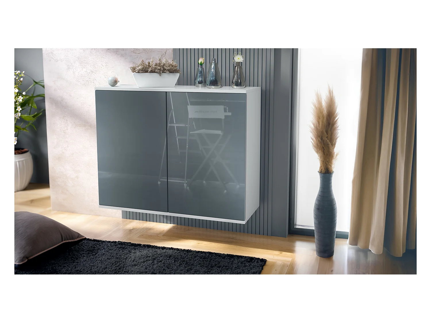 Aparador Skadu V3, Armario de Cocina Moderno con 2 Puertas Grandes blanco mate / gris de alto brillo (92,5 x 73.5 x 35)