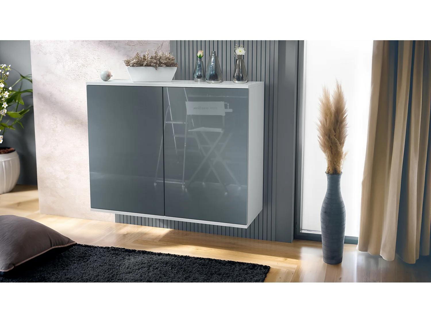 Commode Skadu V3, Buffet de Cuisine Moderne avec 2 Grandes Portes blanc mat / gris haute brillance (92,5 x 73.5 x 35)