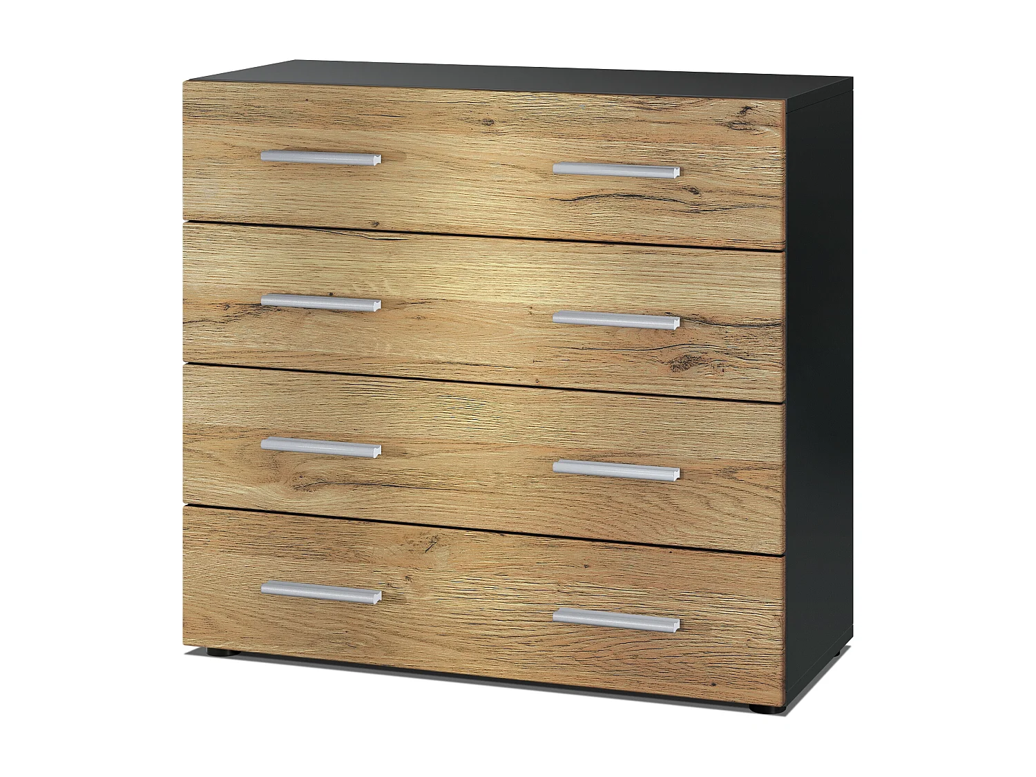 Buffet Pavos, Commode avec 4 tiroirs, noir mat/chêne nature (76 x 72 x 35 cm)