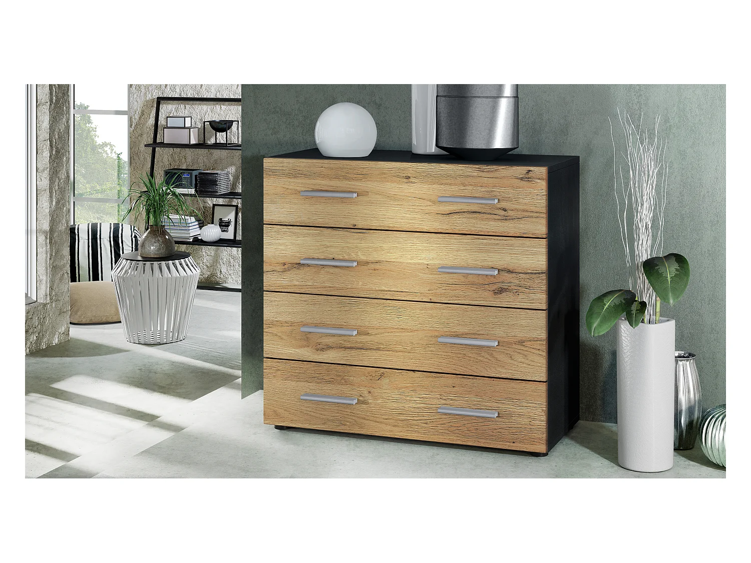 Buffet Pavos, Commode avec 4 tiroirs, noir mat/chêne nature (76 x 72 x 35 cm)