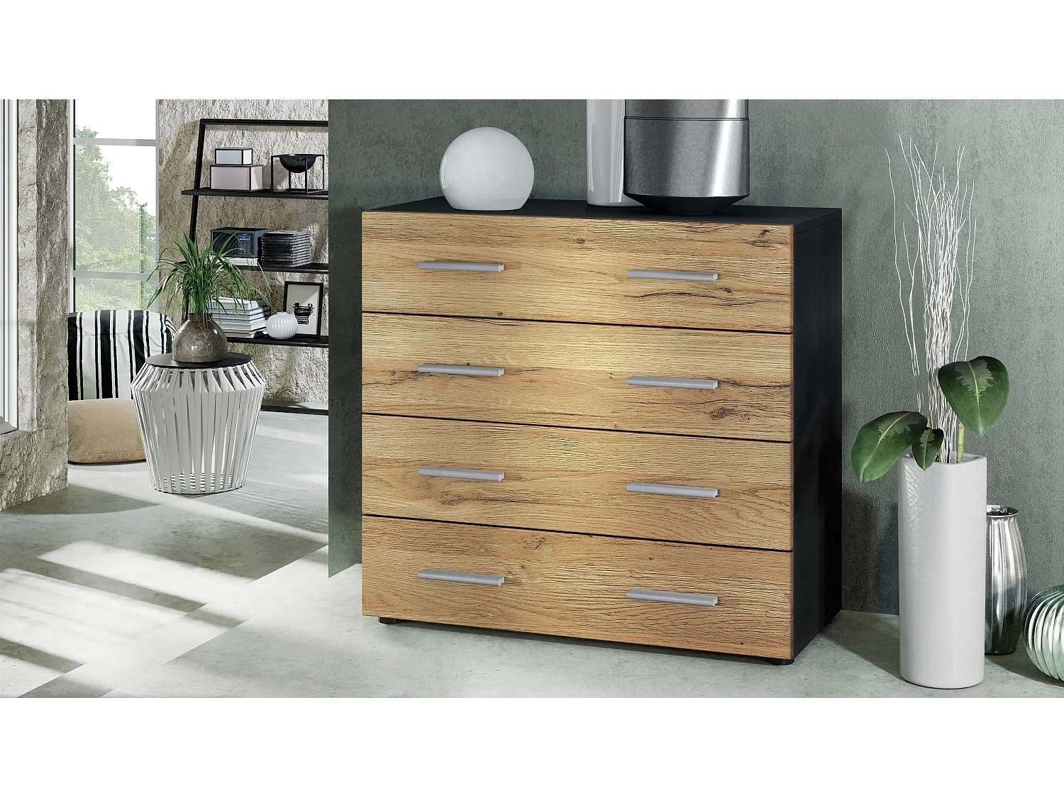 Vladon Madia Pavos, mobile con 4 cassetti, nero opaco/rovere naturale (76 x 72 x 35 cm)