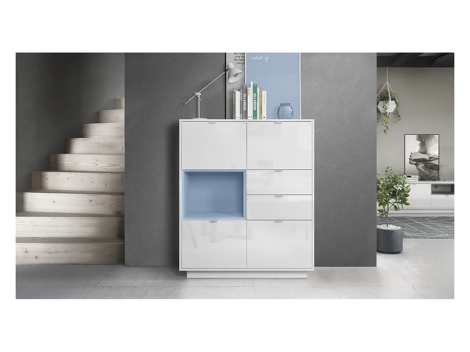 Buffet haut Armoire Metro, Corps en Blanc haute brillance / Façades en Blanc haute brillance avec une insertion en Denim mat