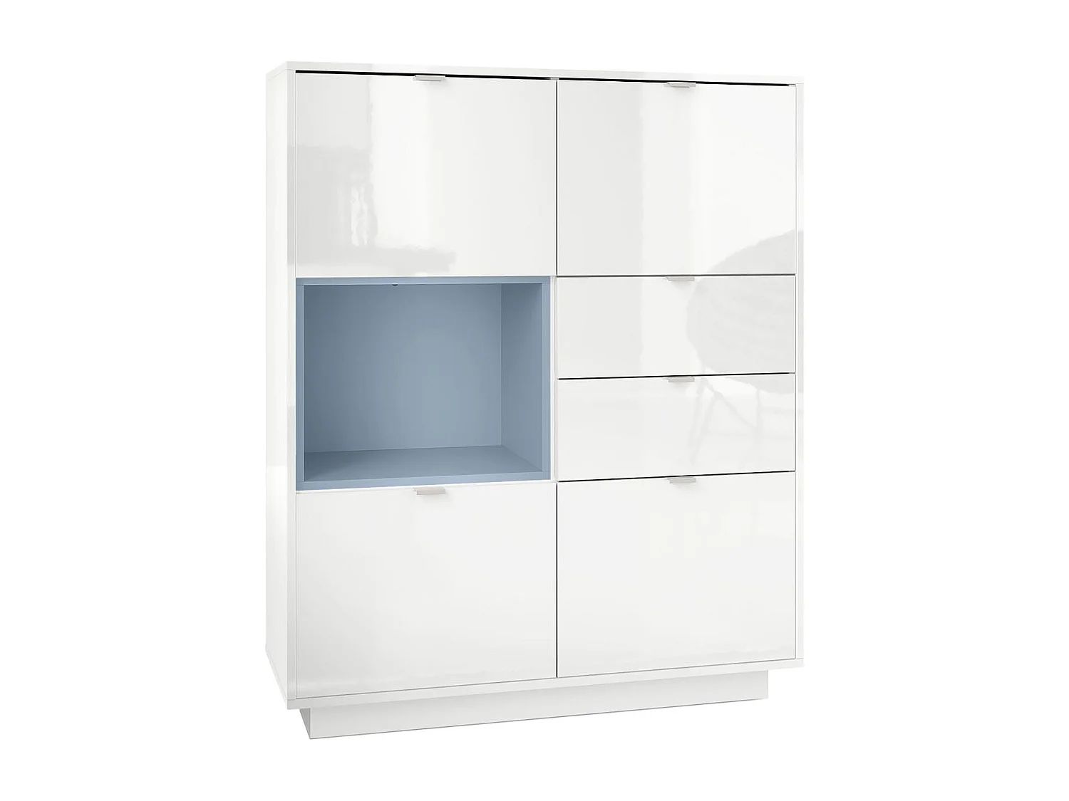 Madia Metro, struttura in bianco lucido / frontale in bianco lucido con inserto in denim opaco