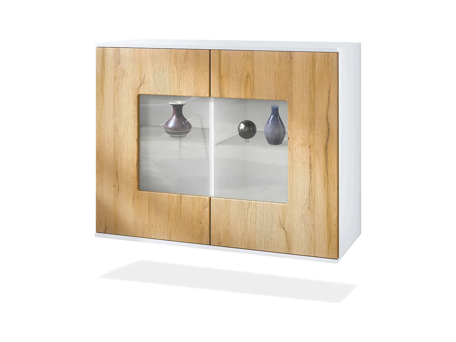 Commode Grömitz V3, Armoire de cuisine moderne avec 2 grandes portes vitrées blanc mat / chêne nature (92,5 x 73.5 x 35)