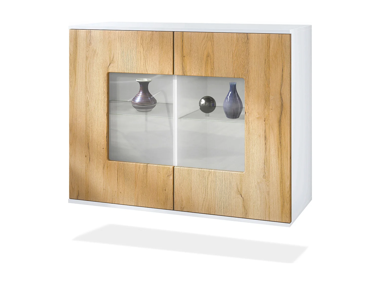 Cómoda Grömitz V3, Moderno armario de cocina con 2 grandes puertas de cristal blanco mate / roble natural (92,5 x 73.5 x 35)