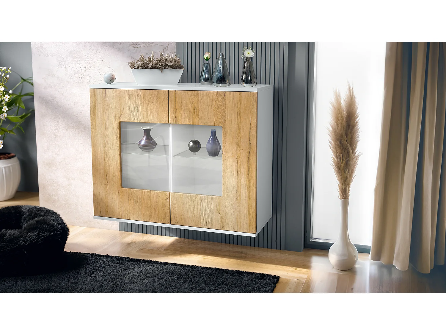 Cómoda Grömitz V3, Moderno armario de cocina con 2 grandes puertas de cristal blanco mate / roble natural (92,5 x 73.5 x 35)