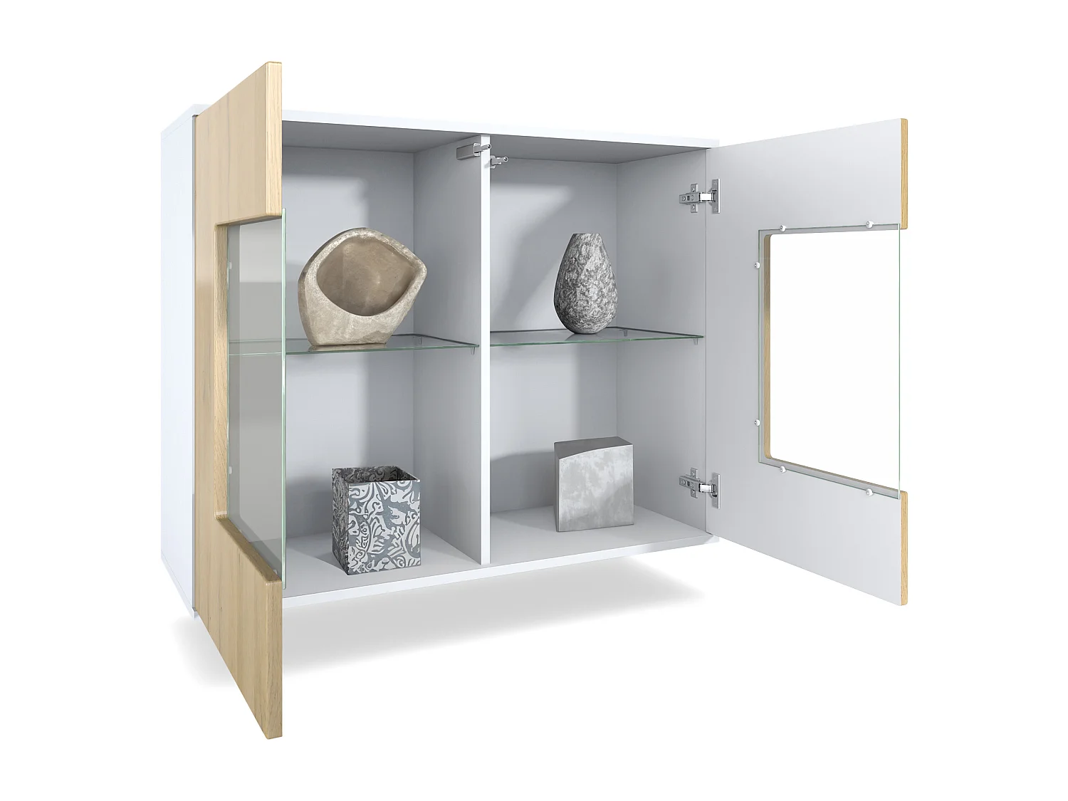 Cómoda Grömitz V3, Moderno armario de cocina con 2 grandes puertas de cristal blanco mate / roble natural (92,5 x 73.5 x 35)