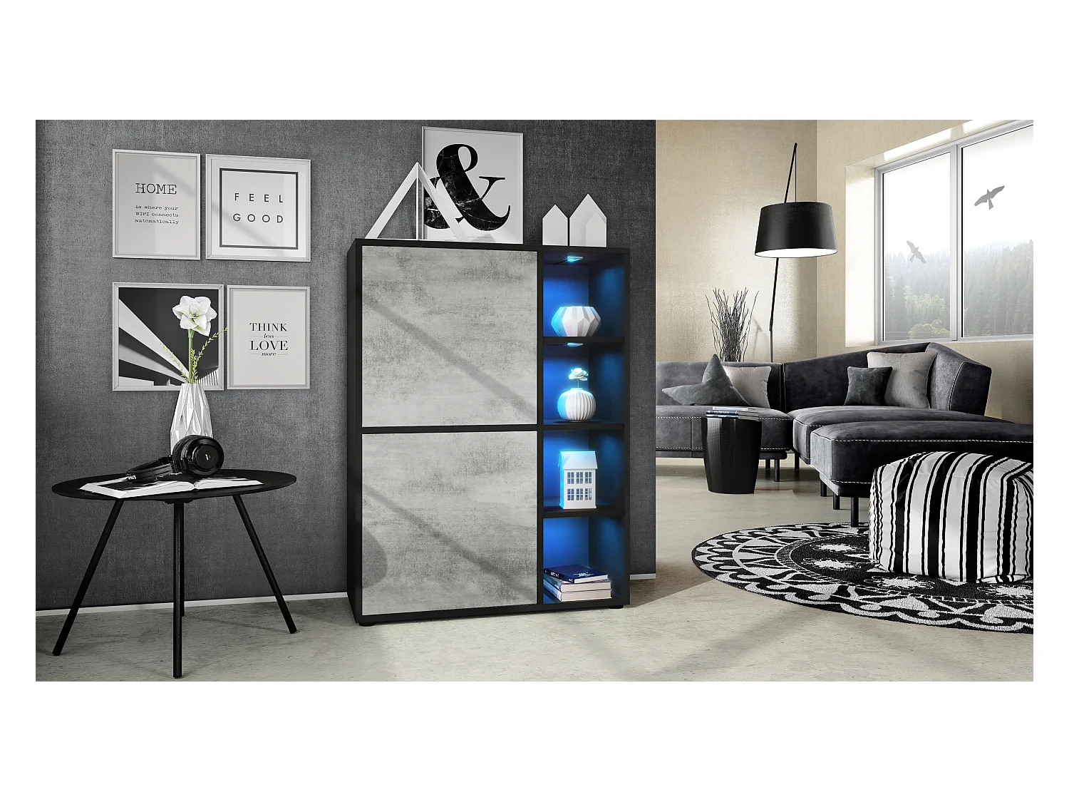 Buffet haut Cuba avec 8 compartiments, caisson en noir mat / Façades en Aspect Béton Oxyde avec éclairage LED RGB