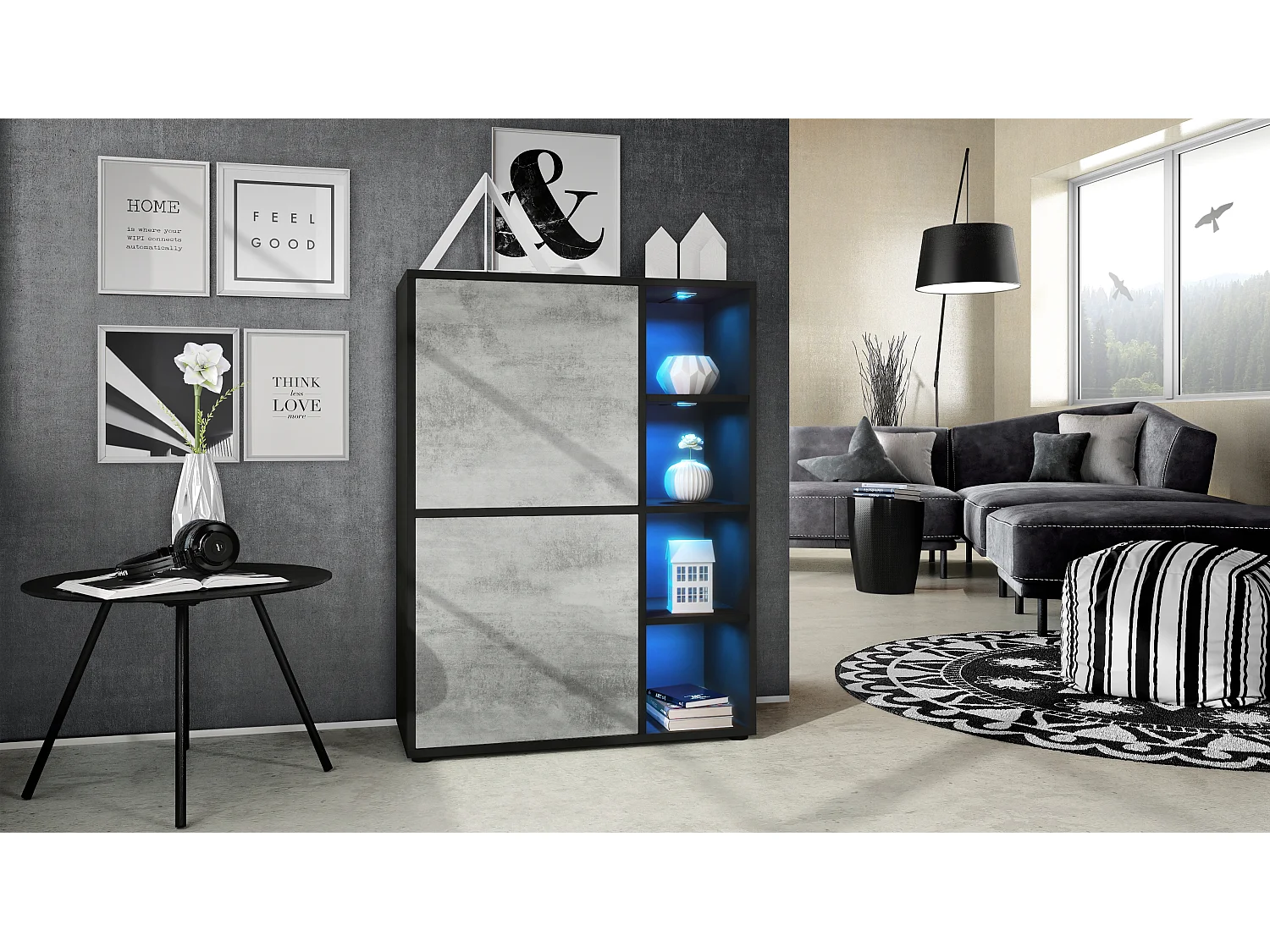 Buffet haut Cuba avec 8 compartiments, caisson en noir mat / Façades en Aspect Béton Oxyde avec éclairage LED RGB