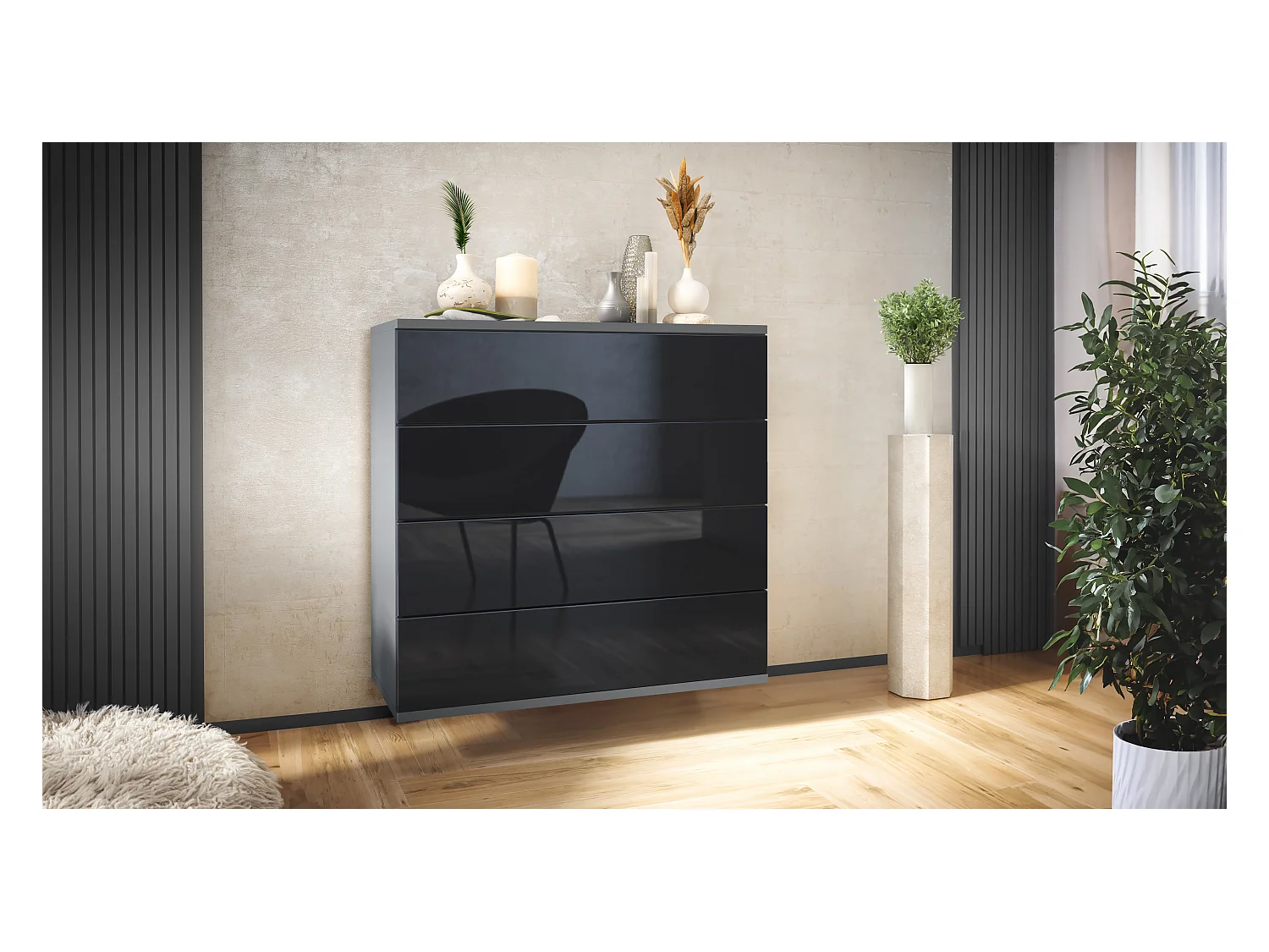 Commode suspendue Pavos V3, Buffet avec 4 tiroirs anthracite mat/noir haute brillance (76 x 76 x 35 cm)