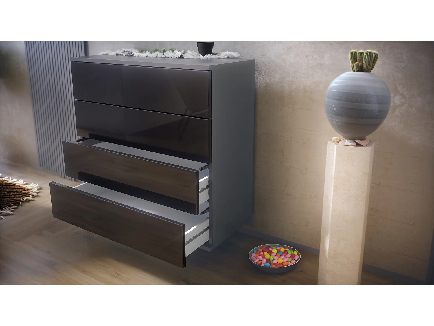 Cassettiera sospesa Pavos V3, Credenza con 4 cassetti antracite opaco /nero lucido (76 x 76 x 35 cm)