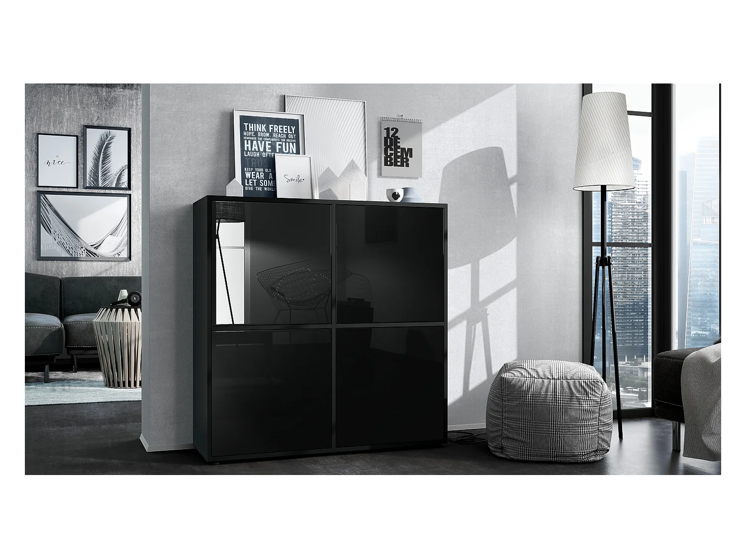 Highboard Cuba V2 Placard 104 x 105,5 x 35,5 cm Buffet à 8 compartiments, caisson en noir mat / façades en Noir laqué haute brillance