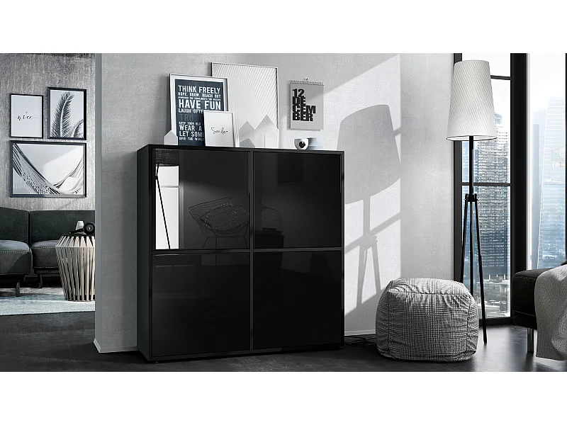 Highboard Cuba V2 Placard 104 x 105,5 x 35,5 cm Buffet à 8 compartiments, caisson en noir mat / façades en Noir laqué haute brillance