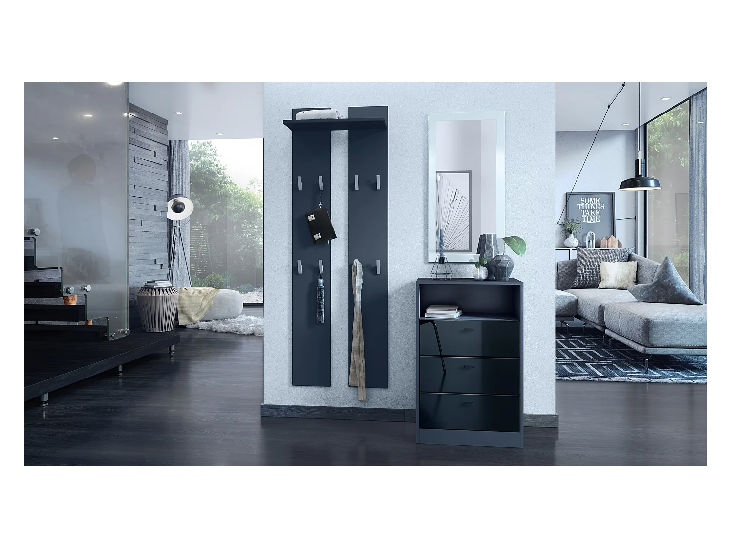 Commode Buffet Pino V2, avec 3 tiroirs & 1 compartiment ouvert, Anthracite mat /Noir haute brillance sans LED (56 x 86,5 x 36 cm)