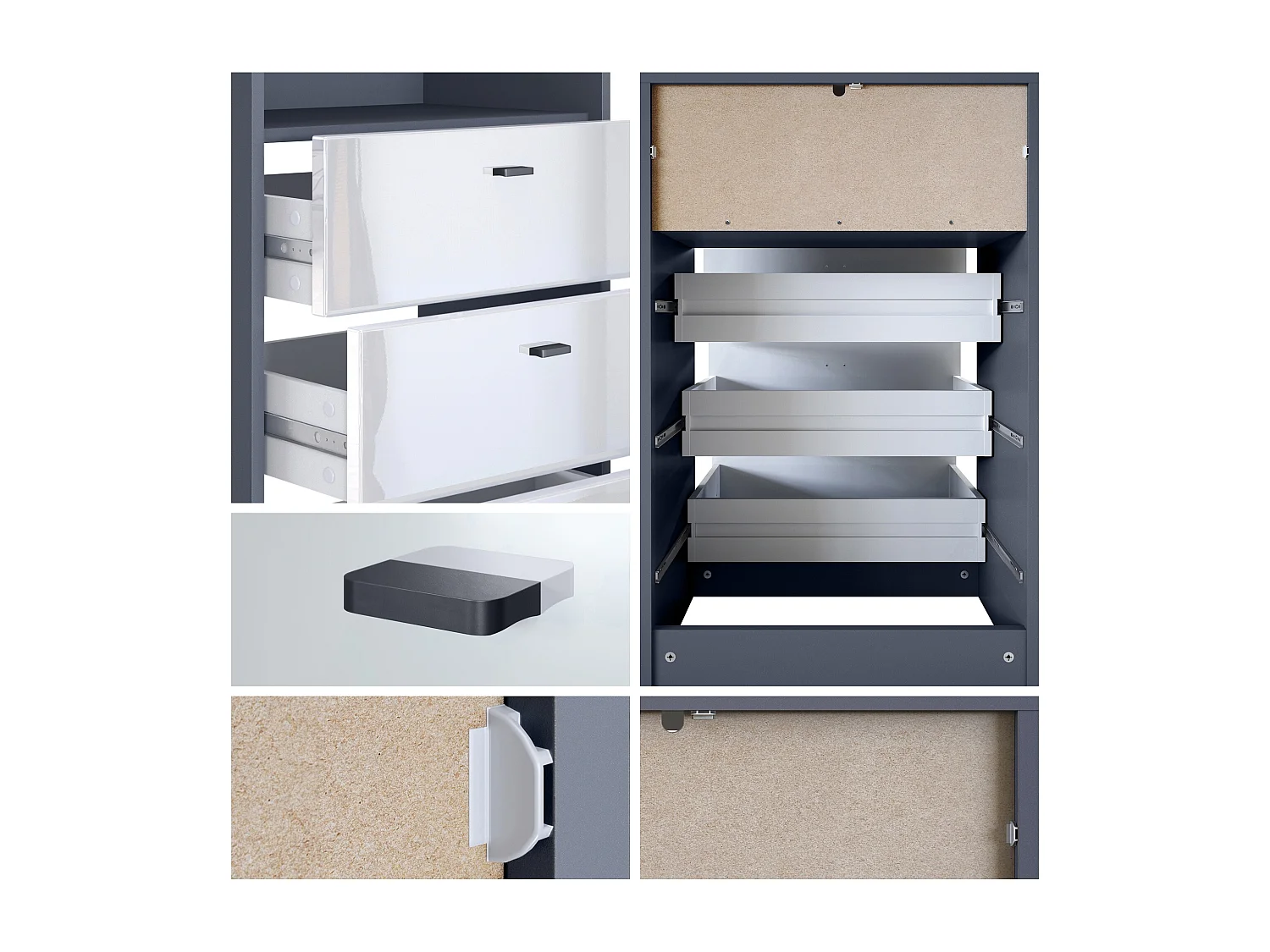 Commode Buffet Pino V2, avec 3 tiroirs & 1 compartiment ouvert, Anthracite mat /Noir haute brillance sans LED (56 x 86,5 x 36 cm)