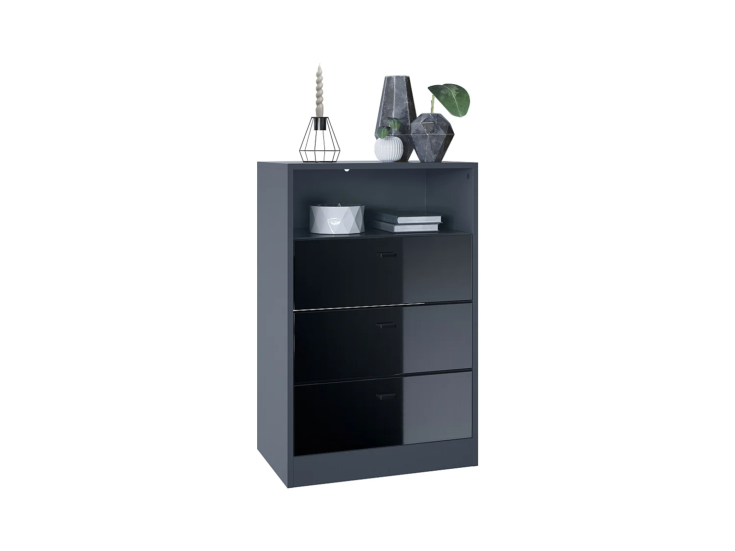 Commode Buffet Pino V2, avec 3 tiroirs & 1 compartiment ouvert, Anthracite mat /Noir haute brillance sans LED (56 x 86,5 x 36 cm)
