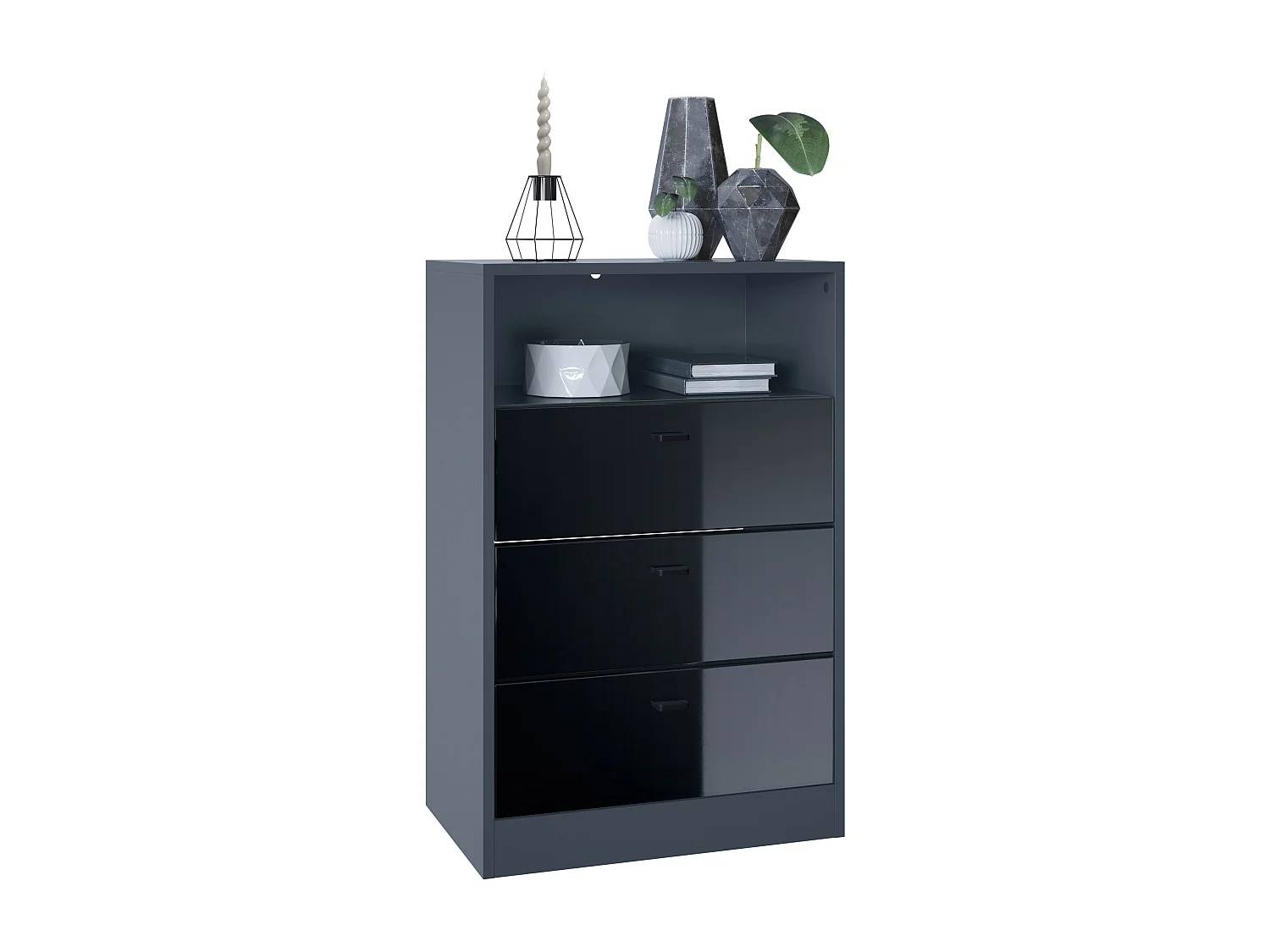 Cassettiera Pino V2, Credenza con 3 cassetti e 1 vano a giorno, antracite/nero lucido senza LED (56 x 86,5 x 36 cm)