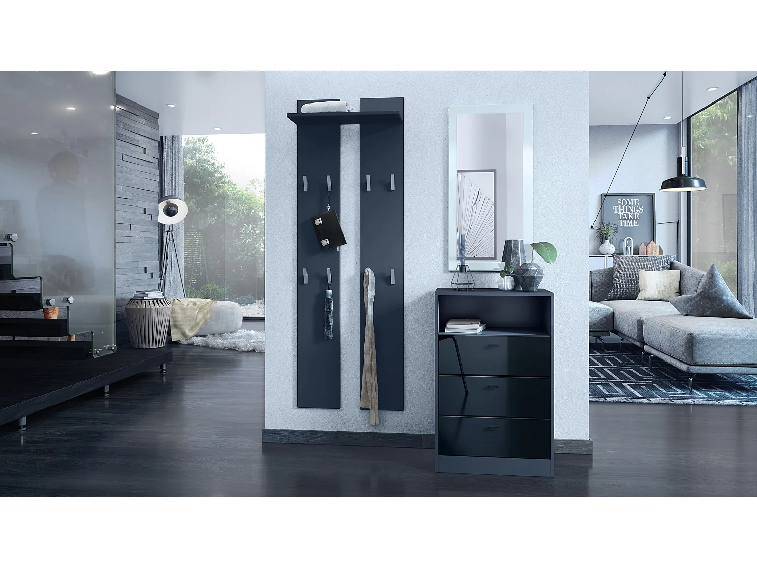 Cassettiera Pino V2, Credenza con 3 cassetti e 1 vano a giorno, antracite/nero lucido senza LED (56 x 86,5 x 36 cm)